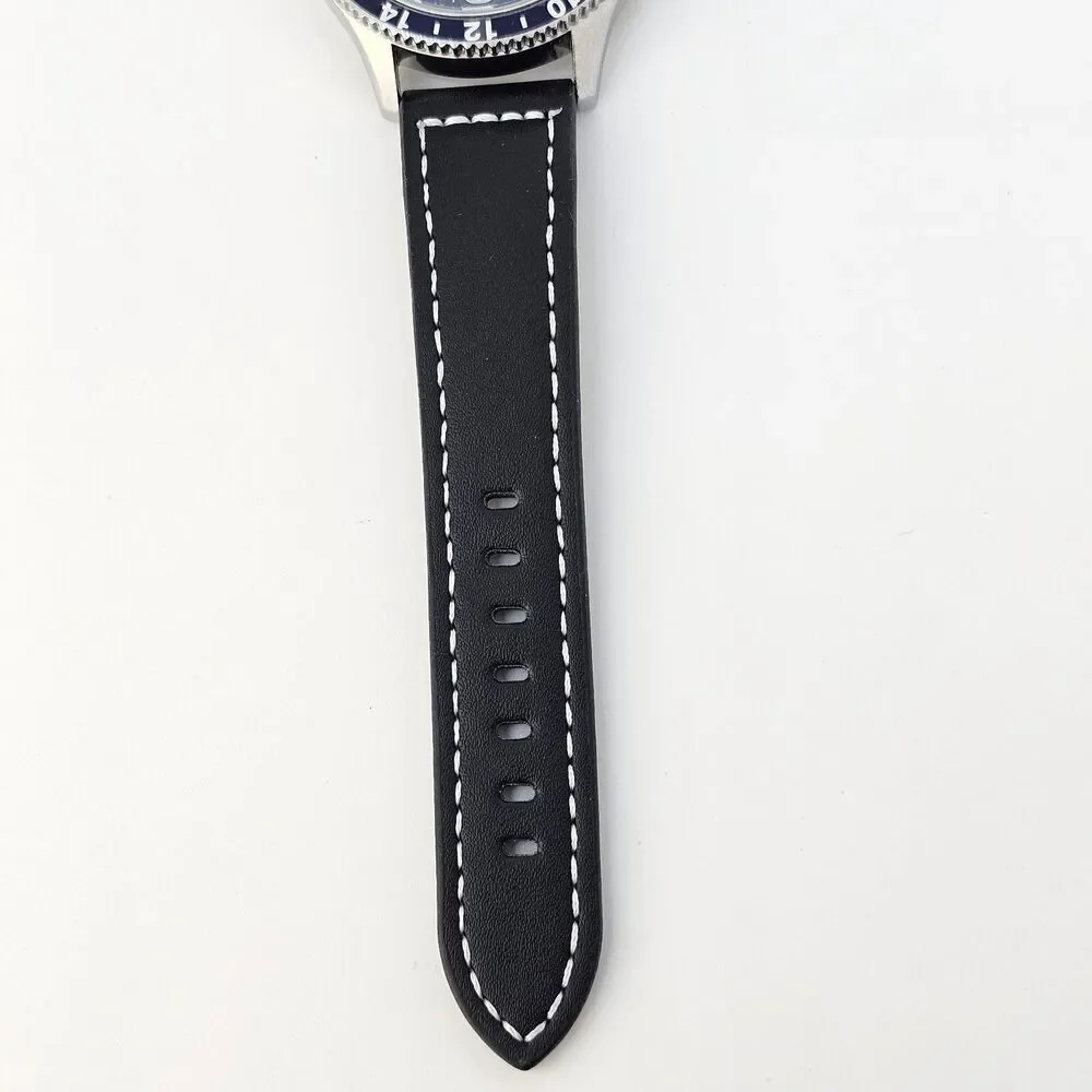 Men's Watch 46MM Large Gray Case Blue‎ Dial Black Leather Bands New Battery